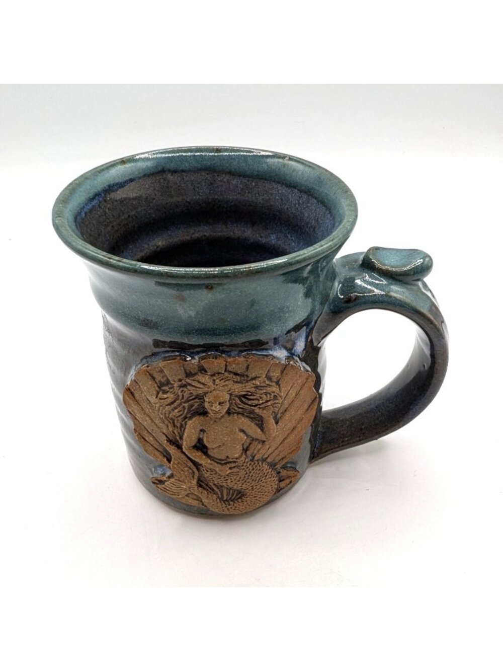 Handmade Pottery Mug W 3D Mermaid Design Blue & Brown Artist Signed - Picture 4 of 11